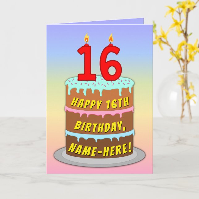 Tarjeta 16 Cumpleaños — Pastel Divertido y Velas, con Nomb (flor amarilla)