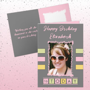 Tarjeta 16 hoy agregar foto y nombre cumpleaños rosa gris