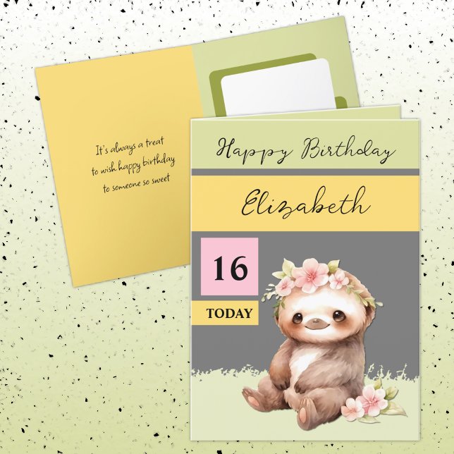 Tarjeta 16 hoy sloth agregar nombre cumpleaños rosa gris (Subido por el creador)