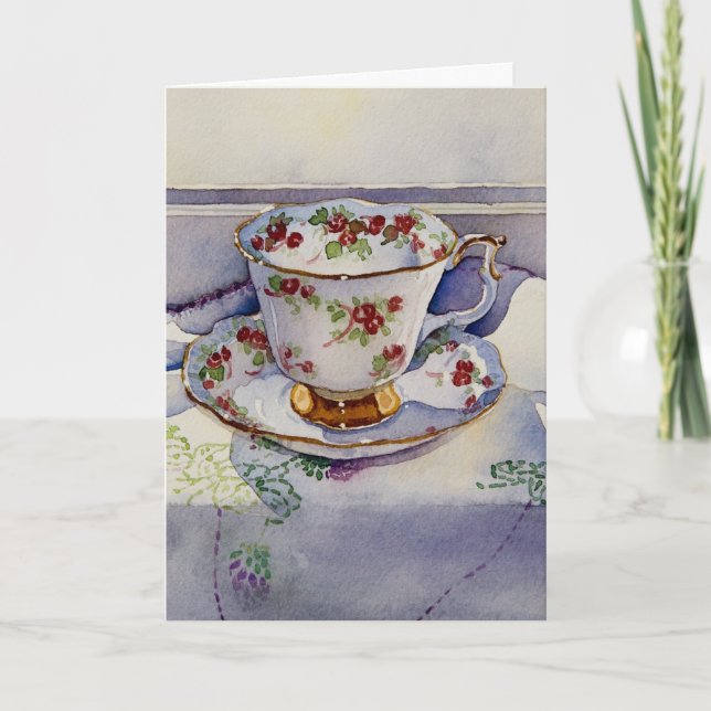Tarjeta 1799 Teacup on Linen Birthday Card (Anverso)