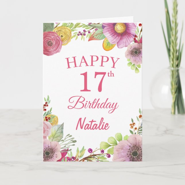 Tarjeta 17.ª acuarela Flores Florales Pink Card (Anverso)