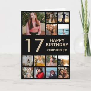 Tarjeta 17.º Collage de fotos de cumpleaños 13 fotos negro