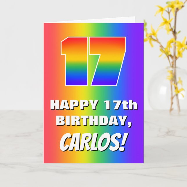 Tarjeta 17.º cumpleaños: Colorido, divertido patrón arcoir (flor amarilla)