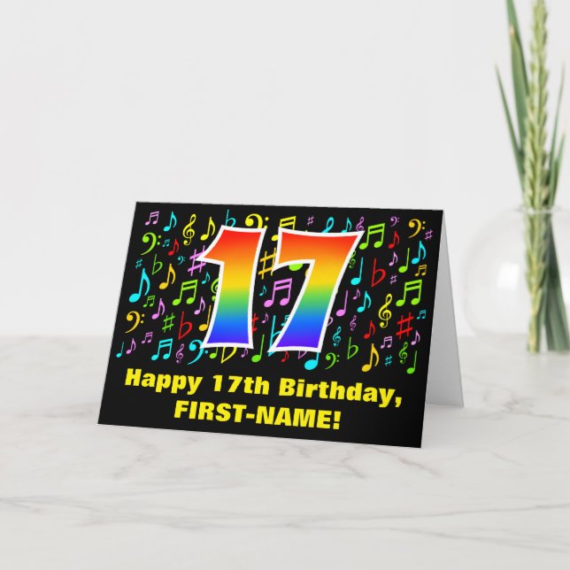 Tarjeta 17.º cumpleaños: Coloridos símbolos musicales y ar (Anverso)