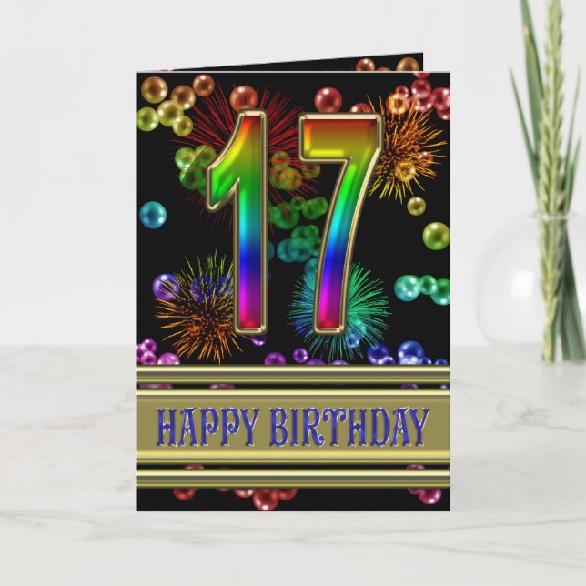 Tarjeta 17.º cumpleaños con burbujas de arcoiris y fuegos  (Anverso)