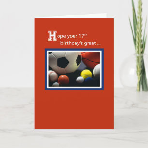 Tarjeta 17.º cumpleaños de todos los deportes, bolas, rojo