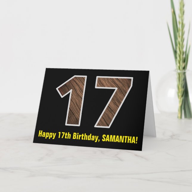 Tarjeta 17.º cumpleaños: Nombre + Patrón de grano de mader (Anverso)