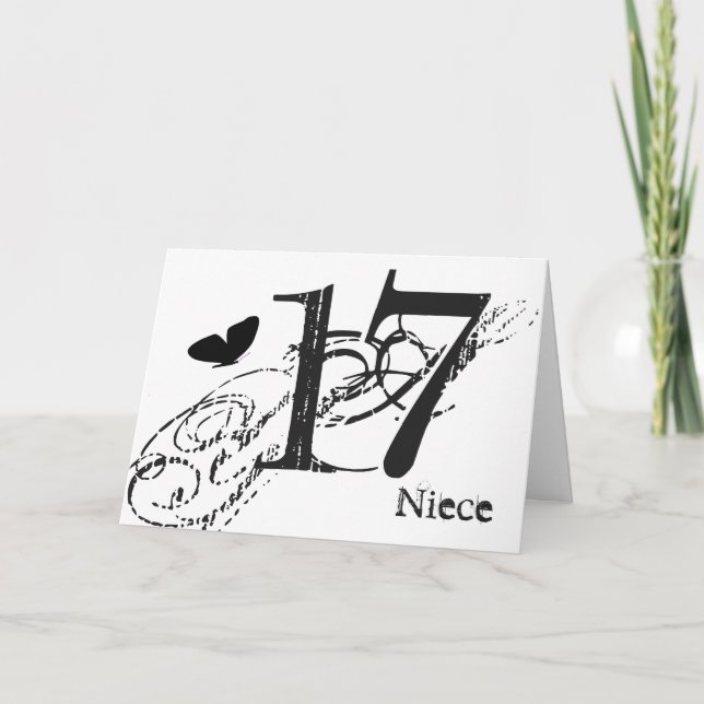 Tarjeta 17 años para una sobrina, mariposa negra, texto. (Anverso)