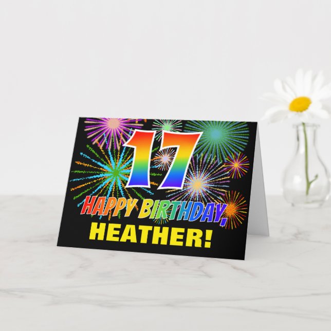 Tarjeta 17° cumpleaños: negrita, diversión, fuegos artific (Planta pequeña)