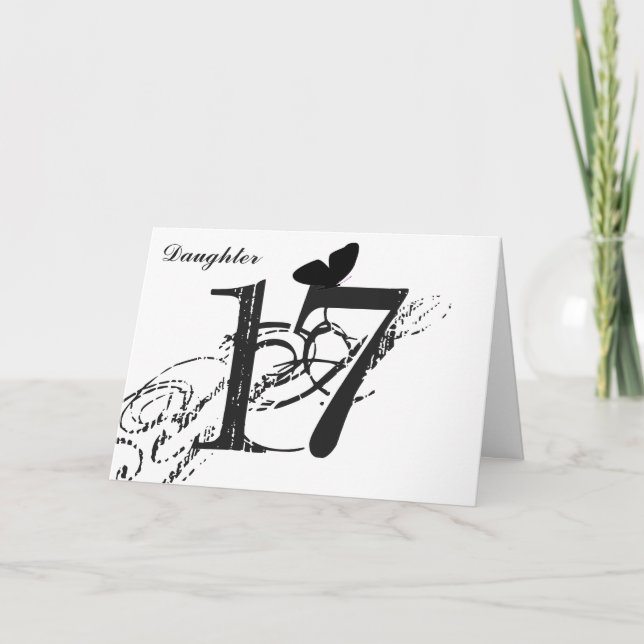 Tarjeta 17mo cumpleaños, hija, mariposa, negro y blanco (Anverso)