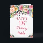 Tarjeta 18.ª acuarela Flores Florales Pink Card<br><div class="desc">Tarjeta rosa de color acuático floral con nombre y edad personalizados. Para una mayor personalización,  haga clic en el botón "Personalizar" y utilice nuestra herramienta de diseño para modificar esta plantilla.</div>