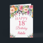 Tarjeta 18.ª acuarela Flores Florales Pink Card<br><div class="desc">Tarjeta rosa de color acuático floral con nombre y edad personalizados. Para una mayor personalización,  haga clic en el botón "Personalizar" y utilice nuestra herramienta de diseño para modificar esta plantilla.</div>