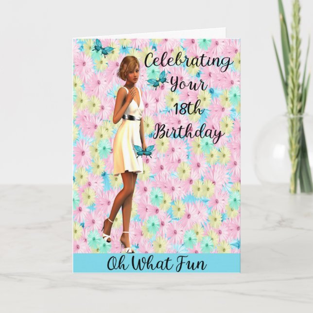 Tarjeta 18.º cumpleaños con Pastel Daisies y Chica (Anverso)