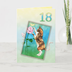 Tarjeta 18.º cumpleaños con un gato juguetón
