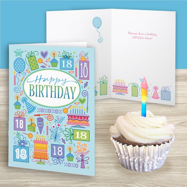 Tarjeta 18.º Cumpleaños Iconos Pastel Brillantes En Tarjet (Subido por el creador)