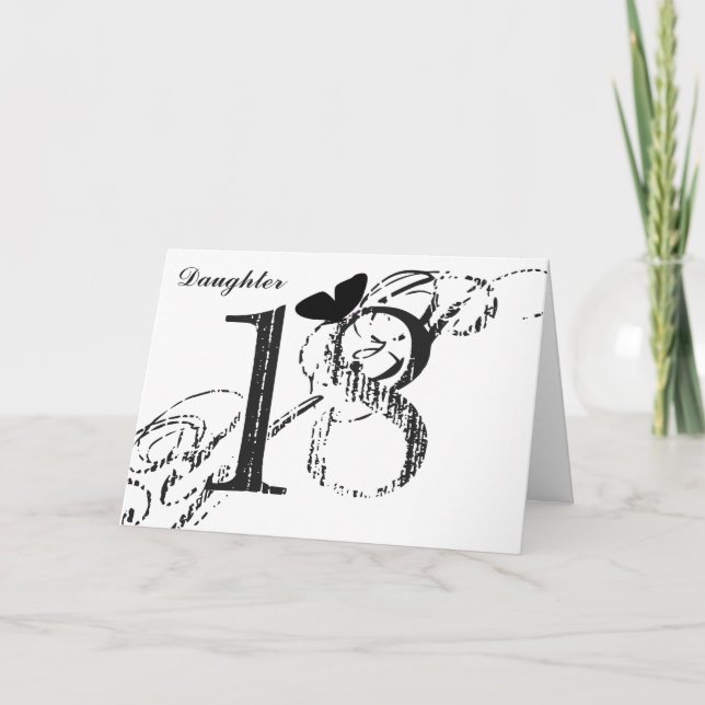 Tarjeta 18 años, hija, mariposa, blanco y negro. (Anverso)