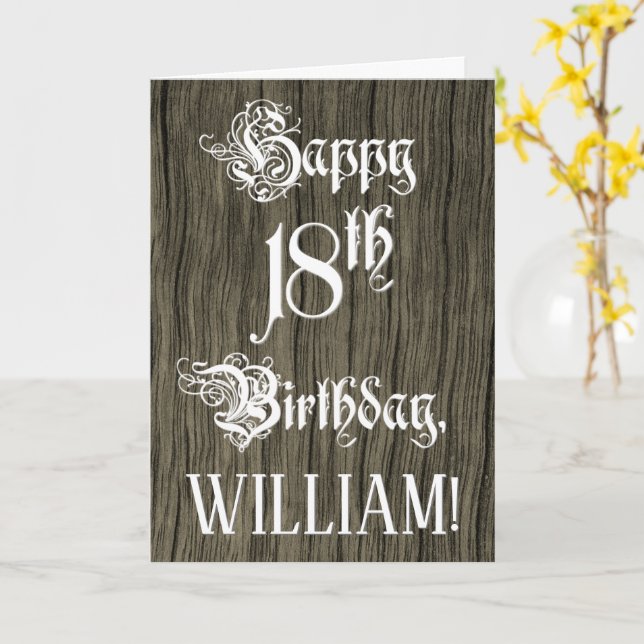 Tarjeta 18th Birthday: Fancy, Elegant Text; Faux Wood Look (flor amarilla)