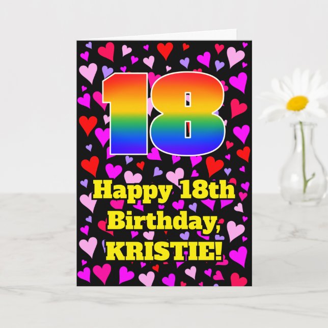 Tarjeta 18th Birthday: Loving Hearts Pattern, Rainbow # 18 (Planta pequeña)