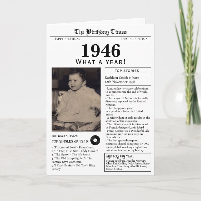 Tarjeta 1946 Newspaper Birthday card 80th birthday (Anverso)