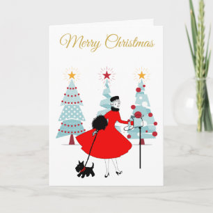 Tarjeta 1950 Dama de Navidad Vintage con Terrier Escocés