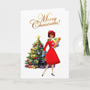 Tarjeta 1950 Dama Vintage Feliz Navidad