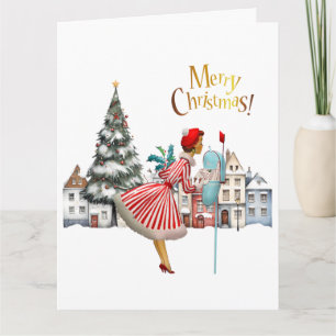 Tarjeta 1950 Dama Vintage Publicando Feliz Navidad