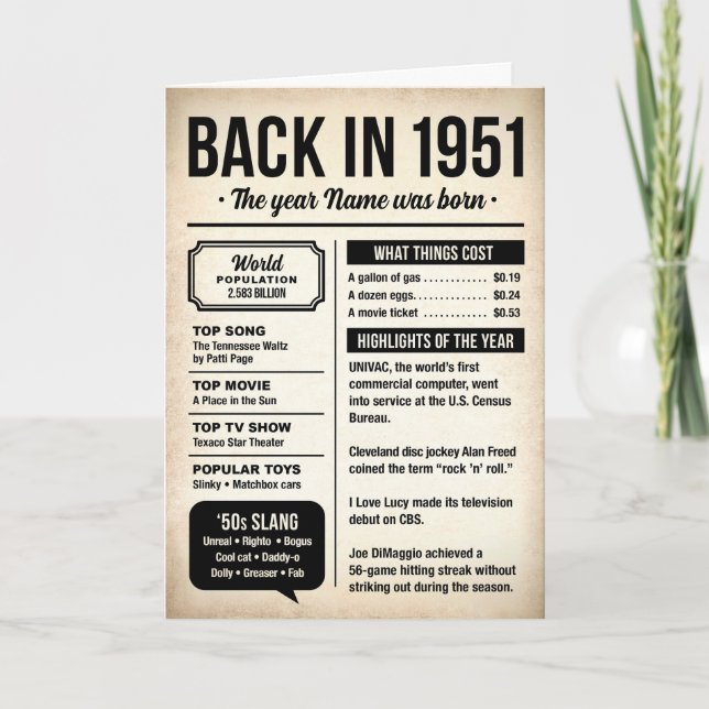 Tarjeta 1951 Back in the Day, Fun Facts, 75th Birthday (Anverso)