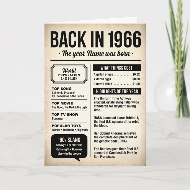 Tarjeta 1966 Back in the Day, Fun Facts, 60th Birthday (Anverso)