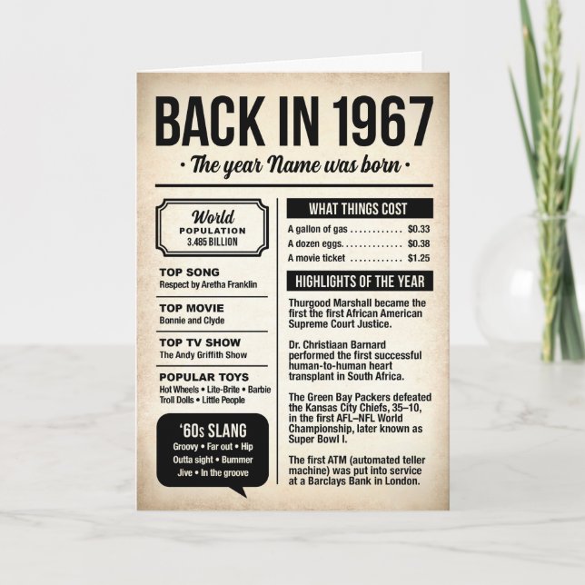 Tarjeta 1967 Back in the Day, Fun Facts Birthday Card (Anverso)