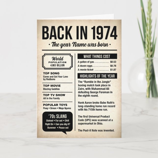 Tarjeta 1974 Back in the Day, Fun Facts Birthday Card (Anverso)