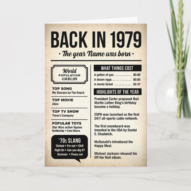 Tarjeta 1979 Back in the Day, Fun Facts Birthday Card (Anverso)