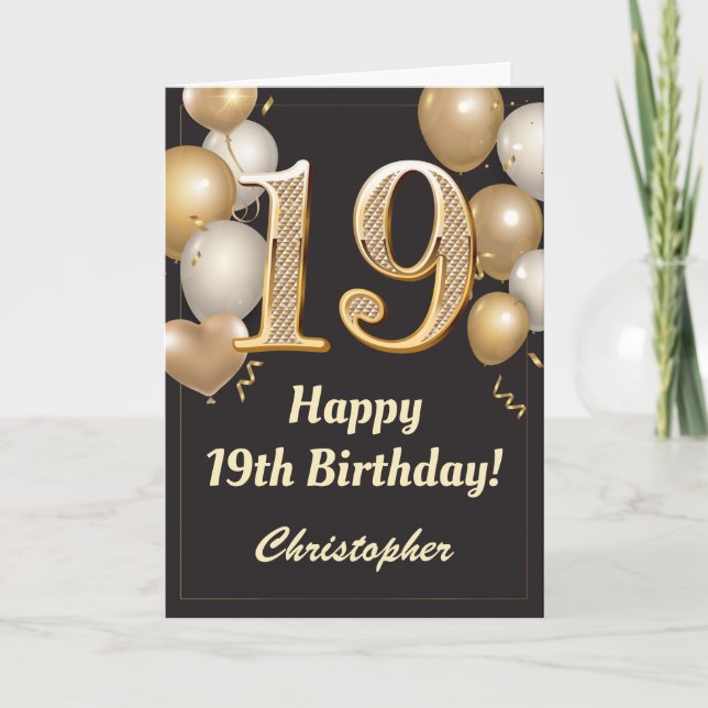 Tarjeta 19.º Confetti de globos negros y de oro (Anverso)