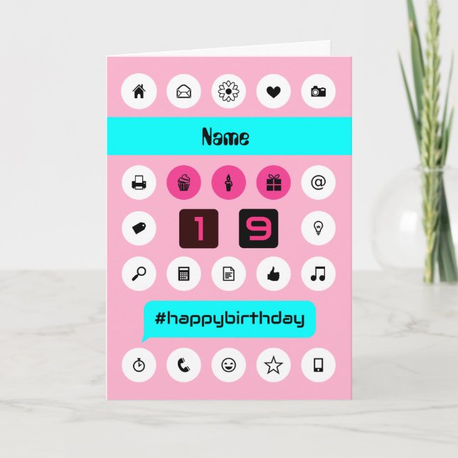 Tarjeta 19.º cumpleaños Añadir nombre iconos de smartphone (Anverso)