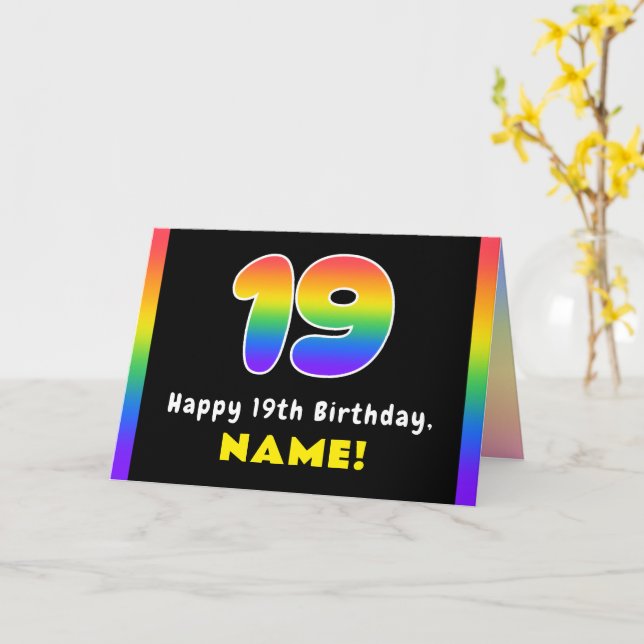 Tarjeta 19.º cumpleaños: arcoiris colorido # 19, nombre pe (flor amarilla)