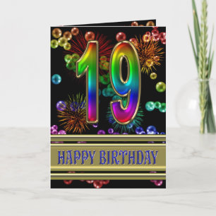 Tarjeta 19.º cumpleaños con burbujas de arcoiris y fuegos