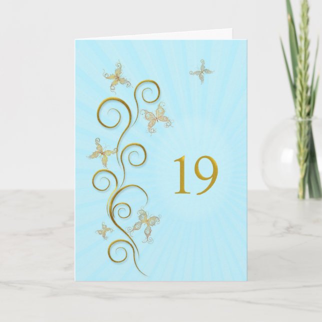 Tarjeta 19.º cumpleaños con mariposas doradas (Anverso)