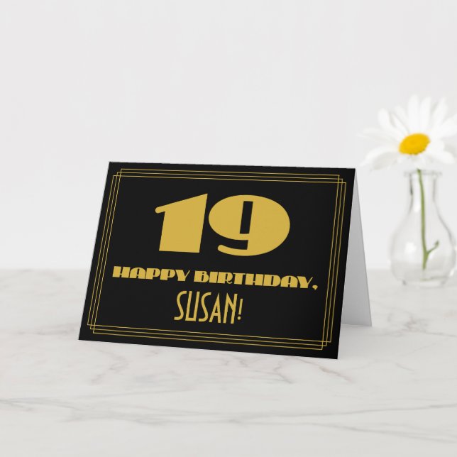 Tarjeta 19.º cumpleaños: Nombre + Art Deco Inspirado Aspec (Planta pequeña)