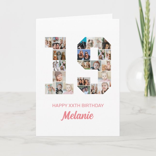 Tarjeta 19.º cumpleaños número 19 Collage de fotos persona (Anverso)