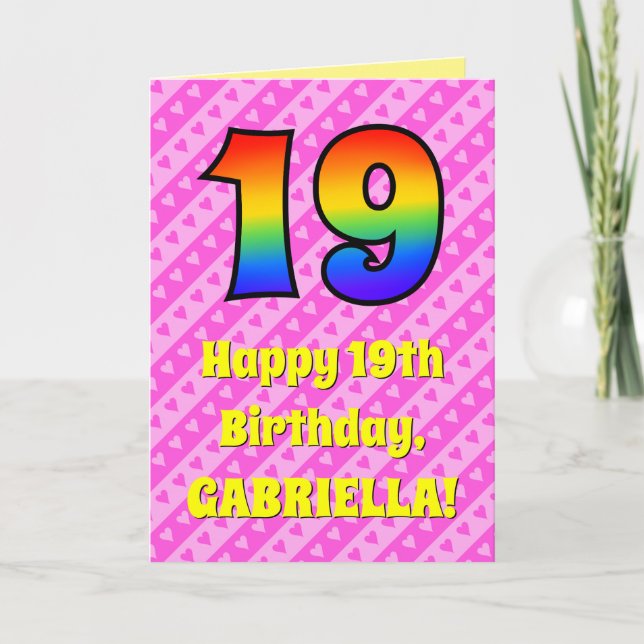 Tarjeta 19.º cumpleaños: Rayas y corazones rosados, arcoir (Anverso)