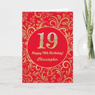 Tarjeta 19.º patrón floral rojo y dorado