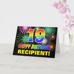 Tarjeta 19° cumpleaños: negrita, diversión, fuegos artific