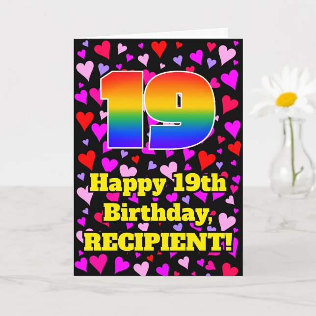 Tarjeta 19th Birthday: Loving Hearts Pattern, Rainbow # 19 (Planta pequeña)