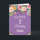 Tarjeta 1.ª acuarela Flores florales moradas<br><div class="desc">1.ᵉʳ Nacimiento Watercolor Floral Flores Púrpura Tarjeta con nombre y edad personalizados. Para una mayor personalización,  haga clic en el botón "Personalizar" y utilice nuestra herramienta de diseño para modificar esta plantilla.</div>