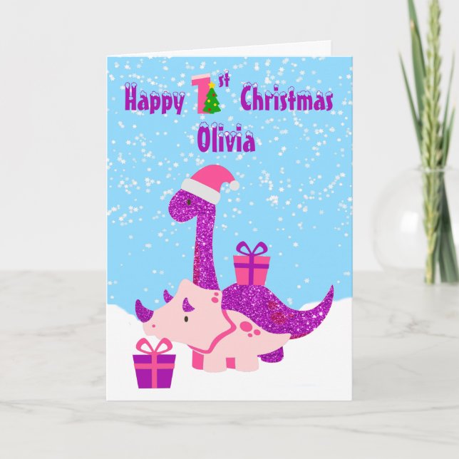Tarjeta 1.ª Navidad Dinosaurio Purple Personalizado (Anverso)