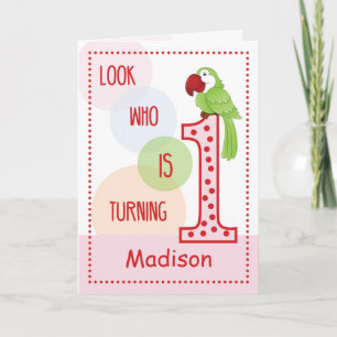 Tarjeta 1.ª niñita de cumpleaños con loro, círculos rosado