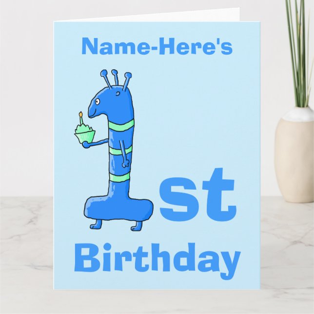 Tarjeta 1.ª personalizado de cumpleaños, de azul. Nombre p (Anverso)
