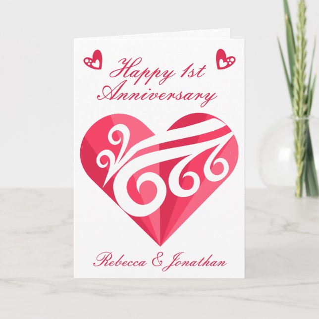 Tarjeta 1.ᵉʳ Aniversario Boda del Corazón Rosa Personaliza (Anverso)