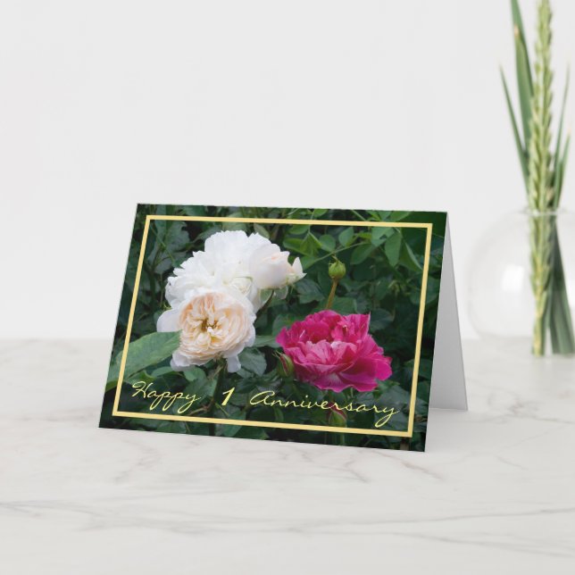 Tarjeta 1.ᵉʳ Aniversario Boda desea a los crema Rosas (Anverso)