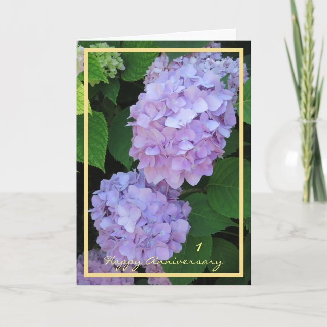 Tarjeta 1.ᵉʳ Aniversario Boda Desea Hidrangeas Púrpura (Anverso)