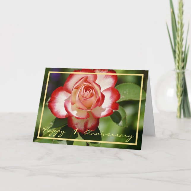 Tarjeta 1.ᵉʳ Aniversario Boda desea Rosa Blanca Roja (Anverso)